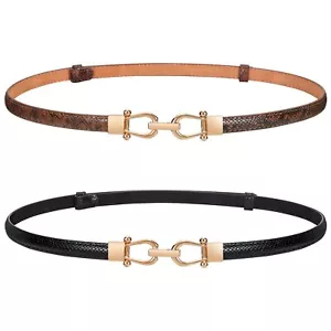 Women Skinny Waist Belt with Gold Buckle Adjustable Leather Thin Waist Belt f... - Picture 1 of 7