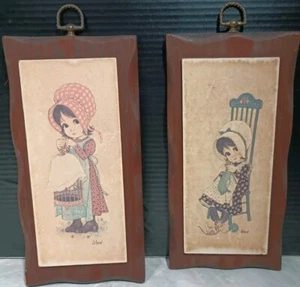 Vintage 1970's Wooden Wall Picture Decor Granny Core Retro Litho US Set Of 2 - Picture 1 of 17