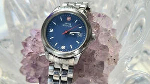 Vintage Swiss Military Stainless-Steel Blue Dial Womens Date Watch - Picture 1 of 9