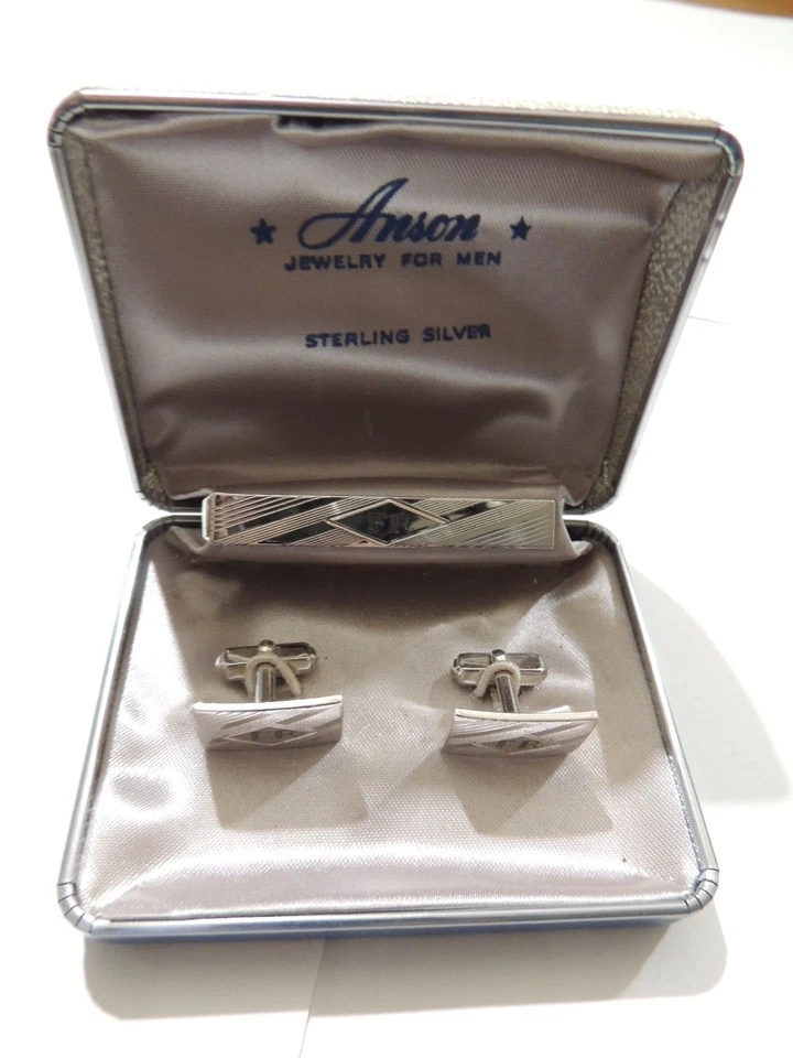 ANSON STERLING SILVER TIECLIP & CUFF LINKS W BOX 24.1 GRAMS "FR" initials - Image 1 of 4