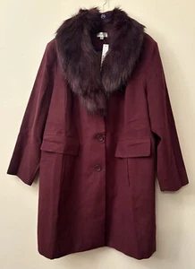 Avenue Women's Plus Size 22/24 Faux Wool Long Coat Faux Fur Berry *New w/Tags* - Picture 1 of 8