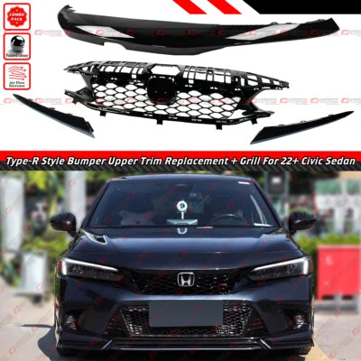 FOR 2022-2024 HONDA CIVIC TYPE-R STYLE BLACK UPPER TRIM REPLACEMENT+UPPER GRILL - Image 1 of 4