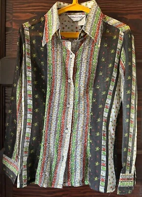 Camisa De Colección Años 70 COLLARS n PUÑOS Patrón Floral Verde Negra Juniors Talla 11 Nueva Foto 1 de 4