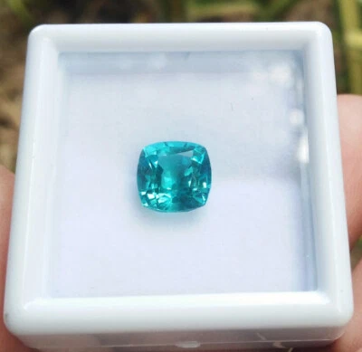 RARE COLOR! 7x7mm. CUSHION NEON BLUE PARAIBA TOURMALINE TOP CREATED VIVID GEMs - Image 1 of 4