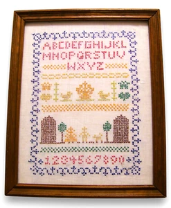 Retro Hand Embroidered Framed Picture Decor Alphabet Numbers People Animals - Picture 1 of 4