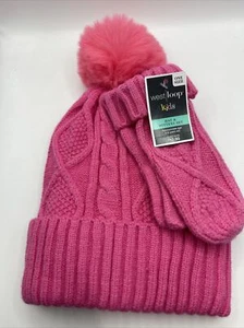 Faux Fur Pompom Hat Mittens Set Lot Pink West Loop Kid 4-8y/o Girl One Size - Picture 1 of 2