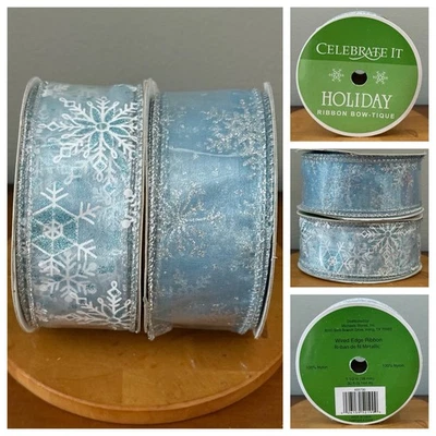 VTG Celebrate It HOLIDAY Wired Christmas Ribbon Blue & Silver Glitter Snowflake - Image 1 of 4