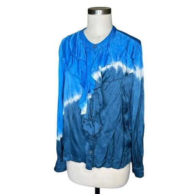 Blusa RAQUEL ALLEGRA Azul Tie Dye Volantes Borde Campesino Botón Frontal Talla 2 EE. UU. L Foto 1 de 4