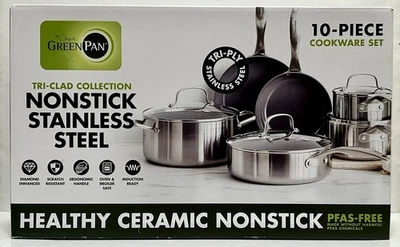 GreenPan TriClad Nonstick TriPly Stainless Steel 10 Piece Cookware Set PFAS-Free - Image 1 of 2