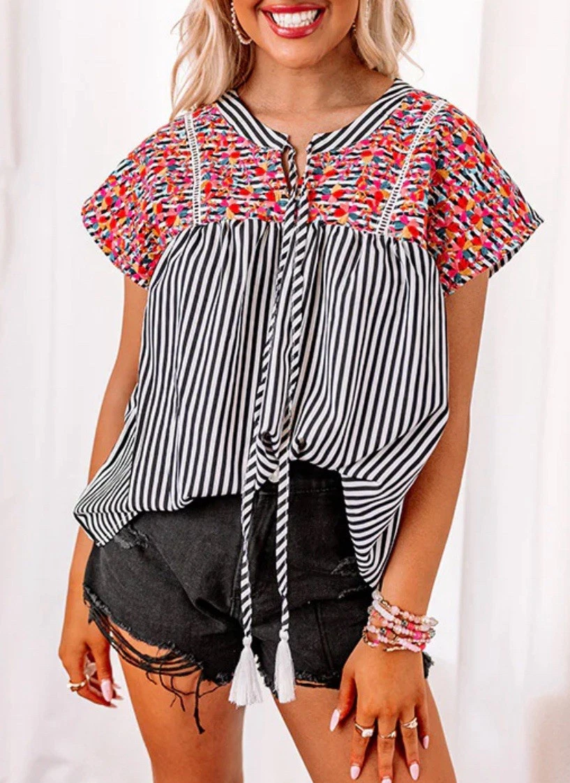 Women's Summer Tops With Elbow Sleeves - Striped & Floral Button Down Blouses