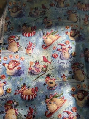 22" X 54" Spring Creative Snowmen Snow Angels GLITTERY  Christmas  Cotton Fabric - Image 1 of 4