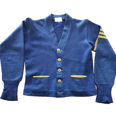 Cárdigan vintage de punto de lana Dehen Worsted de los años 50 azul marino Letterman talla pequeña Foto 1 de 4