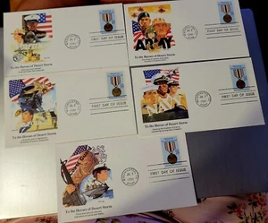 "Heroes Of Desert Storm" Five Branches Of Millitary Set of 5 FDC 1991 - Picture 1 of 13