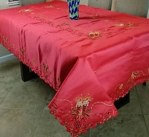 72x90" Embroidery Red Christmas Holiday Poinsettia Tablecloth Napkins Rectangle - Picture 1 of 6