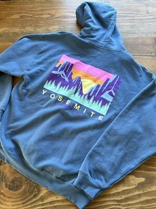 Vintage Yosemite Sweatshirt Mens L Blue Hoodie National Park Hiking Camp Sweater - Picture 1 of 5