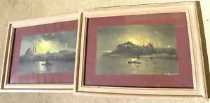 Istanbul Turchia ca. 1925 COPPIA dipinti ad acquerello firmati Bosforo Santa Sofia - Foto 1 di 12