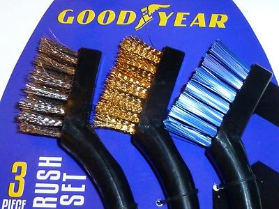 GOODYEAR WIRE AUTO CAR DETAIL BRUSH SET, 3 Pc Set Brass, Nylon & Steel, 7.5" - Image 1 of 3
