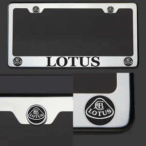 New Chrome T304 License Plate Frame Tag Lotus Black Letter Laser Etched Engraved - Picture 1 of 7