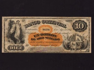 Uruguay:P-S385,10 Pesos/1 Doblone,1867 * Banco Oriental * F-VF * - Picture 1 of 2