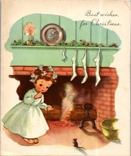 Little Girl Watches for Santa Claus Fireplace VTG Christmas Greeting Card