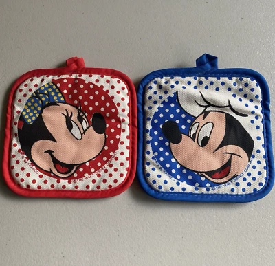 Juego (2) Almohadilla térmica caliente Disney Mickey & Minnie Mouse Potholders rojo azul chef 7x7 pulgadas Foto 1 de 4