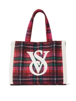 VICTORIA'S SECRET Red Plaid Holiday VS LOGO Plaid Tote Bag NEW White fur Limited - Image 1 of 4