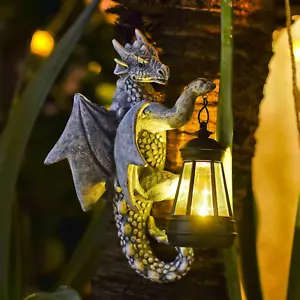 Dragon Tree Hugger Solar Lantern - 9.3 Inch Resin Statue for outside Balcony Gar - Picture 1 of 12