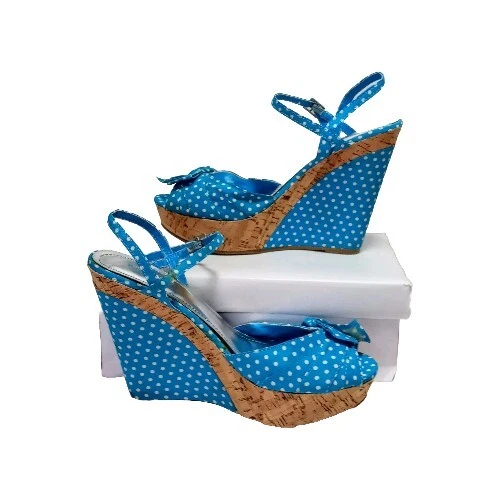 Bamboo Mirage Blue Polka Dot Bow On Vamp Sz 8½ Peep Toe Wedge Heel Sandal As Is - Image 1 of 4