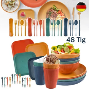 48Pcs Outdoor Campingbesteck Set Für 4 Personen Picknick Geschirr Set Plastik DE - Bild 1 von 16