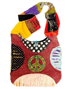 Nuevo Cartera Grande Bolso de Mano Signo de la Paz Bandolera Hobo Navaja Hippie Hecho a Mano Nepal - Imagen 1 de 6