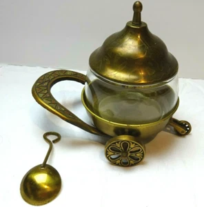 Israel Brass & Glass Wheelbarrow Condiment Bowl Lid Candy Dish Jewelry Trinket - Picture 1 of 8