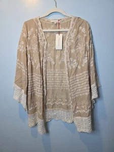SOLITAIRE Anthropologie Beige Ivory Embroidered Rayon Open Jacket Top Boho New L - Picture 1 of 7