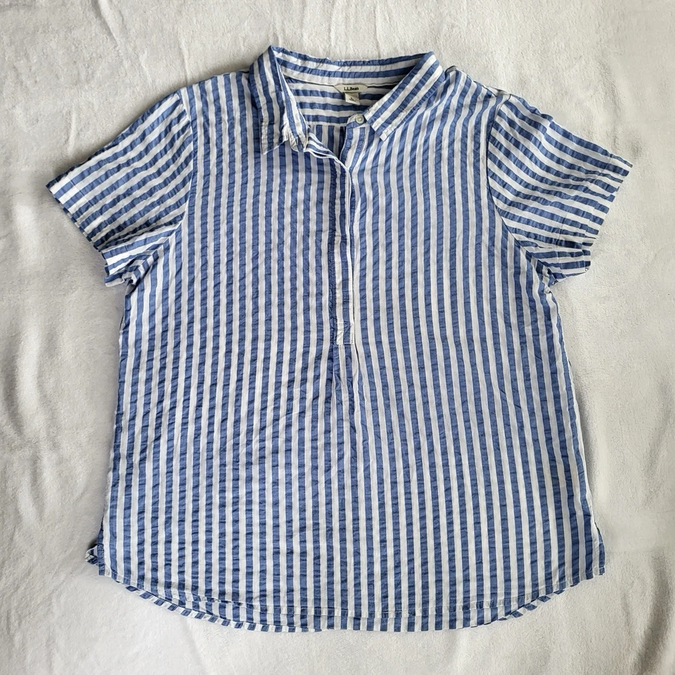 Camisa Seersucker L.L.Bean Mujer Manga Corta Azul Blanco Rayas Talla Grande Foto 1 de 4
