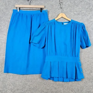 Argenti Boutique Damen Seide Rock Anzug Set Größe 12 Blau Plissee Vintage DEFEKT - Bild 1 von 13