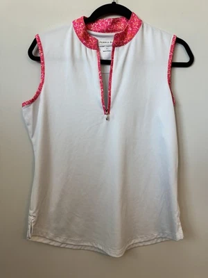 Camisa polo de golf blanca para mujer Pebble Beach talla mediana (M) con ribete floral rosa Foto 1 de 4