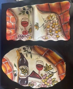 Vintage 80's/90's Ceramic-Oval Serving Platter & Appetizer Tray Wine/Grapes 2ct. - Picture 1 of 4