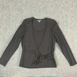 Apt 9 Blouse Womens Large Brown Faux Buckle Wrap Long Sleeve Scoop Neck Pullover - Picture 1 of 12