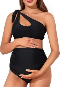 Maternity Two-Piece Swimsuit Bikini Set Cutout One Shoulder Bathing Suit Size M - Picture 1 of 6