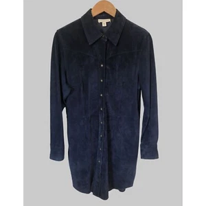 Coldwater Creek Suede Leather Shirt Dress Womens M Navy Midi Snap y2k Retro - Picture 1 of 9