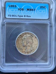 1963 Washington Quarter ICG MS67 FS 901 TYPE B REVERSE Very Rare - Picture 1 of 3