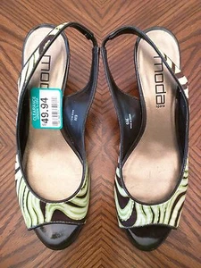 New MODA SPANA Green/White/Brown Satin Med Heel Slingback Shoes Size 6.5 M - Picture 1 of 4