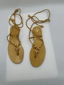 Tory Burch Capri Mustard Yellow Leather Flat Lace Up Sandals Women Sz 7.5M - Picture 1 of 4