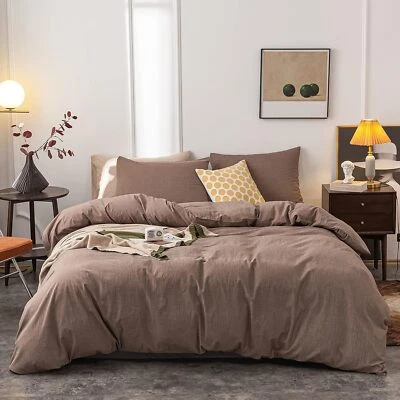 Janlive Washed Cotton Duvet Cover King Ultra Soft 100% Cotton Solid Color Coffee