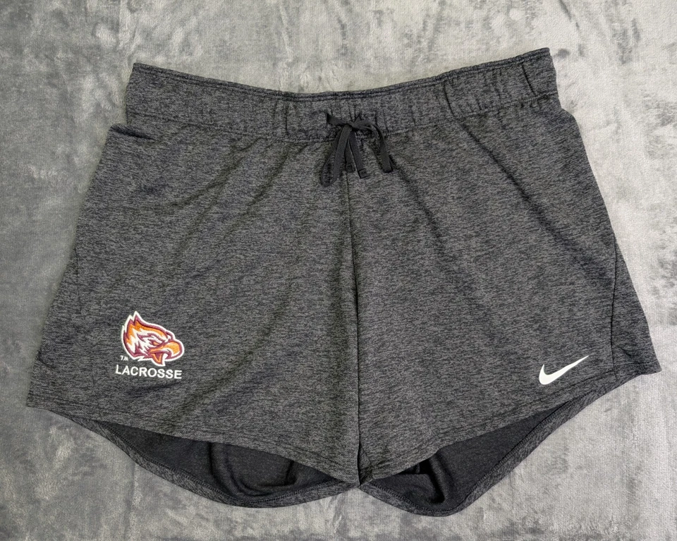 Pantalones Cortos Nike Dri Fit Para Mujer L Gris Jaspeado 5" Entrepierna Gimnasio Entrenamiento Atlético Logo Foto 1 de 4