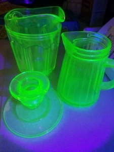 Uranium Glass Pitchers & Candle Holder - Picture 1 of 5