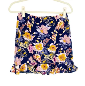 Lulus Womens Aura Floral Mini Skirt Size Small Navy Blue Ruffle Hem Satin - Picture 1 of 6