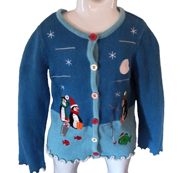 Kobe Girl Holiday Blue Penguins Cardigan Child's size M 5/6 - Image 1 of 3