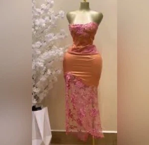 Vintage Jovani Strapless Dress Xs Size 2 Tangerine And Pink Sequin - Bild 1 von 4