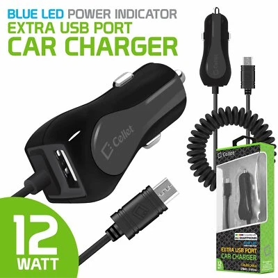 Micro USB Car Charger with Extra USB Port High Powered 12 Watt Coiled Cable - Image 1 of 4