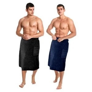 2 Pcs Men's Bath Wrap Towel Shower Wrap Towel Medium Black, Navy Blue - Picture 1 of 7